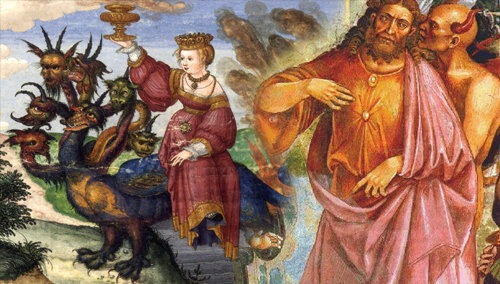 El Anticristo Revelado: La Bestia que era, y ya no es, ha regresado. La Ramera de Babilonia (Roma) sentada sobre la bestia (Unión Europea).