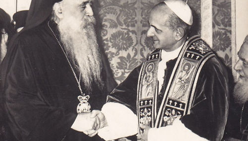 Anti-Papa Pablo VI saludo masónico con Atenágoras I en 1964