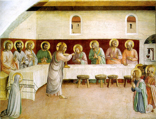 Jesucristo da la Sagrada Eucaristía a sus apóstoles y a María