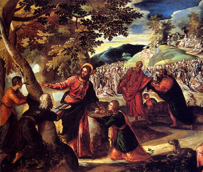 Jesús obrando el milagro de la multiplicación de los panes y los peces.