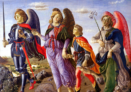 San Miguel Arcángel, San Rafael con Tobías, y el ángel Gabriel