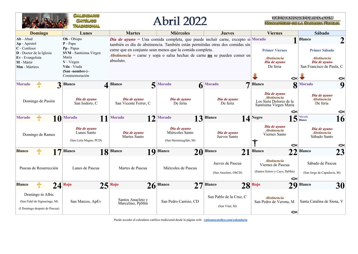 Calendario Católico Tradicional 2022 | Santoral Litúrgico