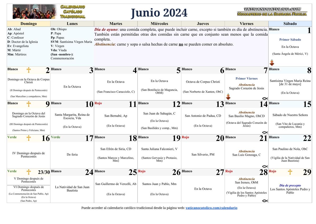 Calendario Católico Tradicional 2024 Santoral Litúrgico