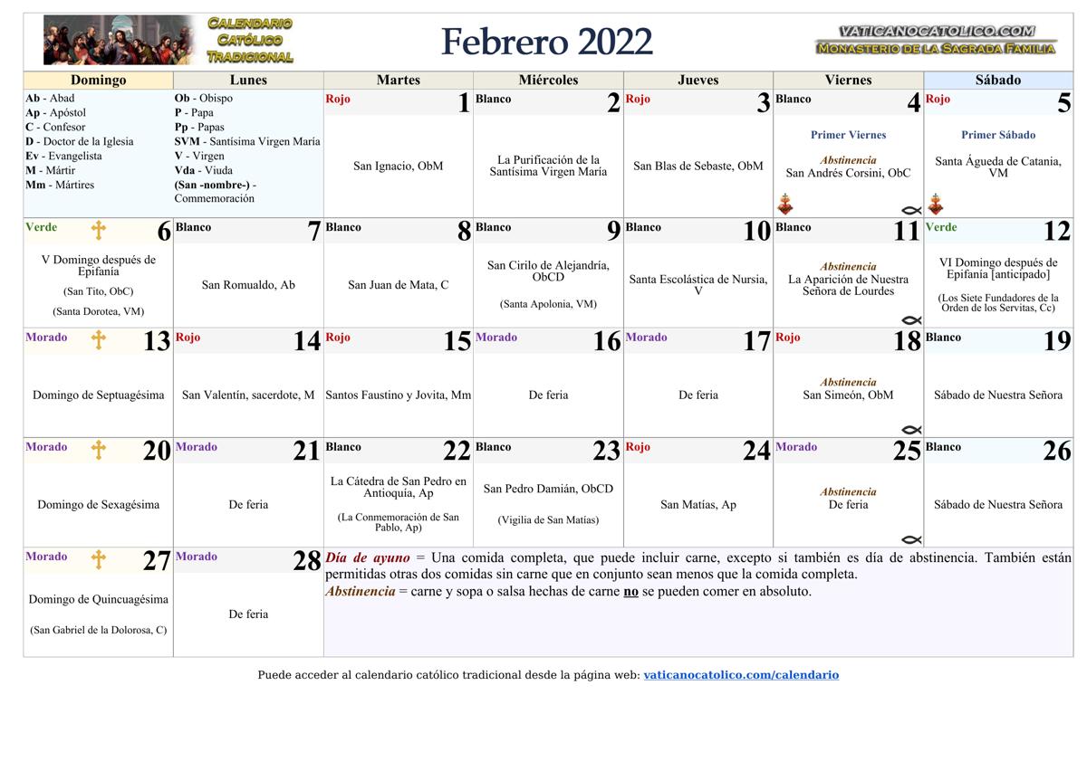 Calendario Católico Tradicional 2022 | Santoral Litúrgico