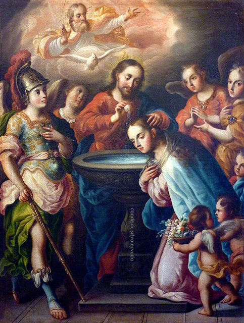 Jesucristo bautizando a su Madre, la Virgen María por Antonio de Torres, siglo XVIII. Museo de Guadalupe, Zacatecas, México.