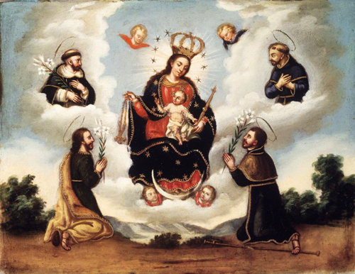La Virgen María del Rosario con santos.